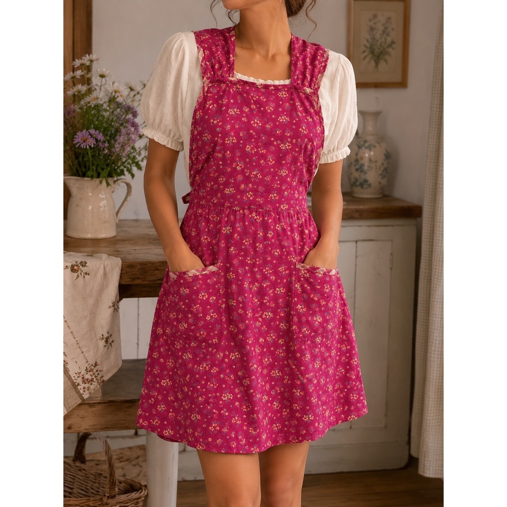April Cornell Pink Floral Cotton Pinafore Apron  Cottagecore Pockets farmhouse
